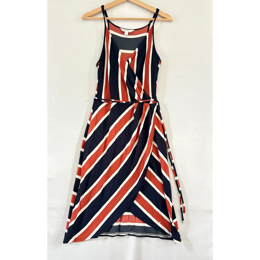 Market & Spruce Striped Faux Wrap Midi Dress Navy Blue Orange Red Womens Medium